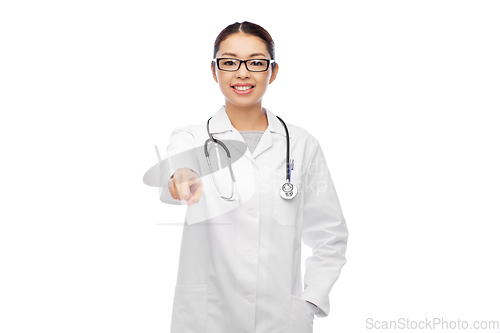 Image of smiling asian female doctor pointing to you