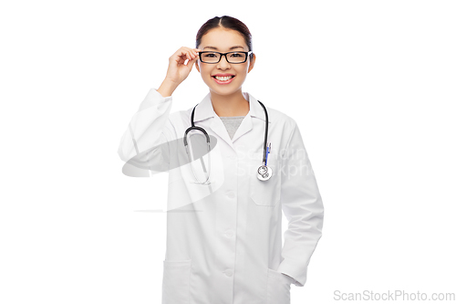 Image of happy smiling asian female doctor in glasses