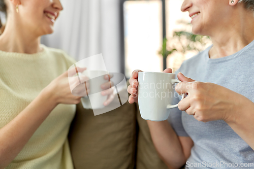 Image of senior mother and adult daughter drinking coffee