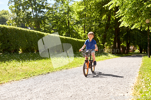 Image of happy little boy riding bicycle at summer park