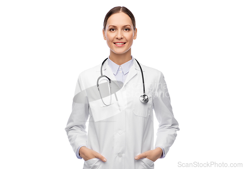 Image of happy smiling female doctor in white coat