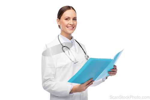 Image of happy smiling female doctor with folder