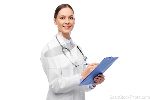 Image of happy smiling female doctor with clipboard