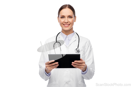 Image of happy female doctor with tablet pc and stethoscope