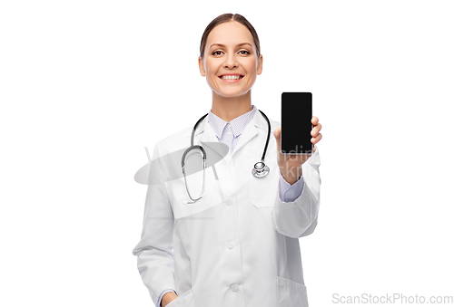 Image of happy female doctor or nurse with smartphone