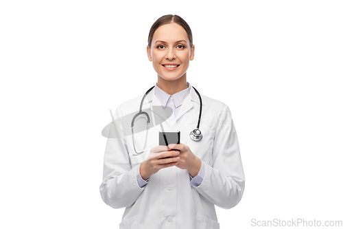 Image of happy smiling female doctor with smartphone