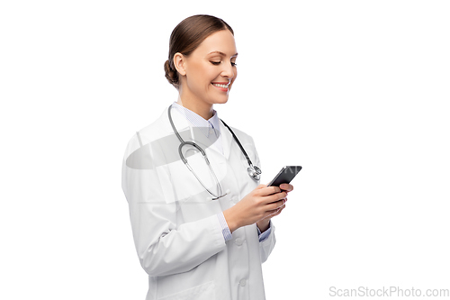 Image of happy smiling female doctor with smartphone