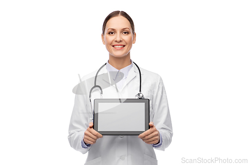 Image of happy female doctor with tablet pc and stethoscope