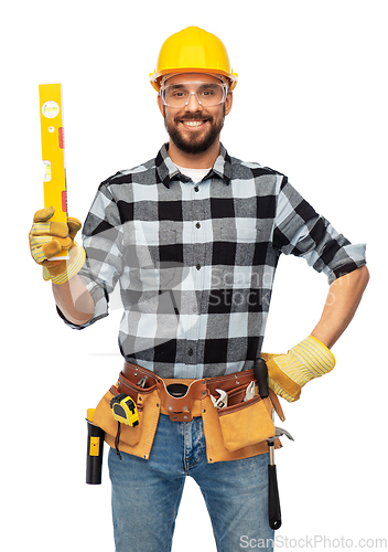 Image of happy male worker or builder in helmet with level