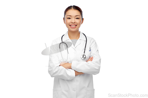 Image of happy smiling asian female doctor in white coat