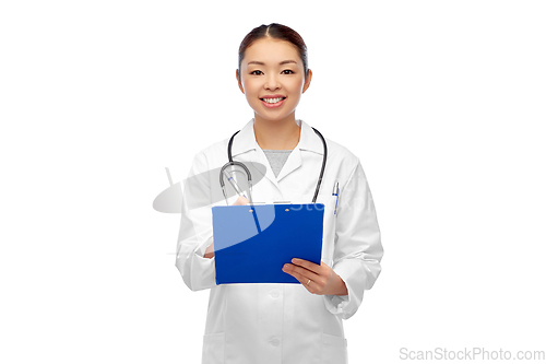 Image of happy smiling asian female doctor with clipboard