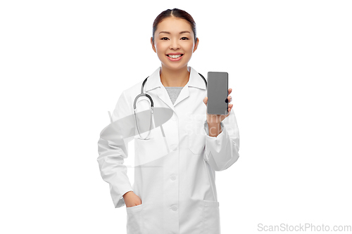 Image of happy asian female doctor or nurse with smartphone
