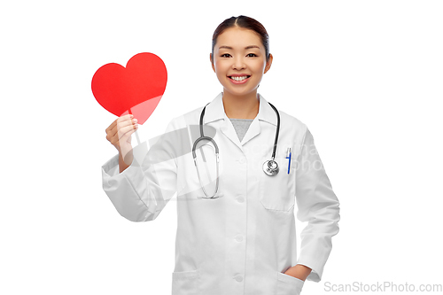 Image of happy smiling asian female doctor with red heart