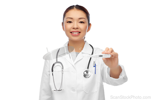 Image of asian female doctor or nurse with thermometer