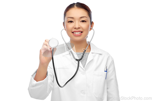 Image of happy smiling asian female doctor in white coat