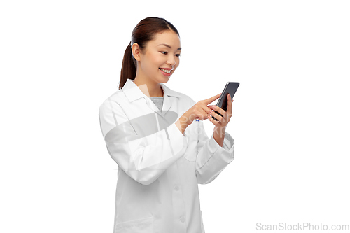 Image of happy asian female doctor or nurse with smartphone