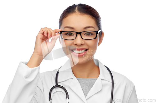 Image of portrait of happy asian female doctor in glasses