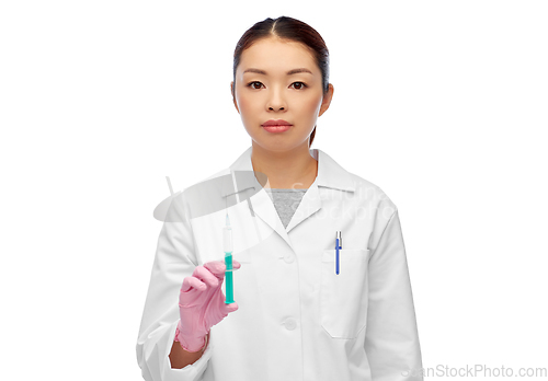 Image of asian female doctor or scientist with syringe