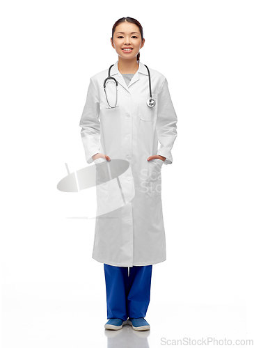 Image of happy smiling asian female doctor in white coat