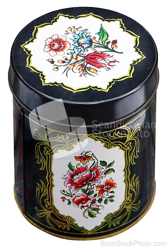 Image of Old black Vintage round tin box, decorated with flowers