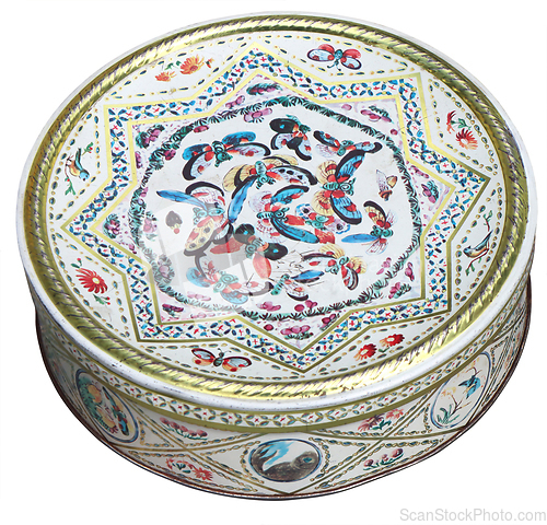 Image of Old white Vintage round tin box, decorated with butterflies