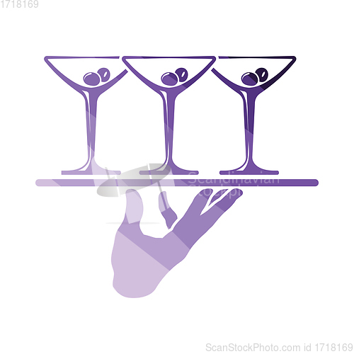 Image of Waiter hand holding tray with martini glasses icon