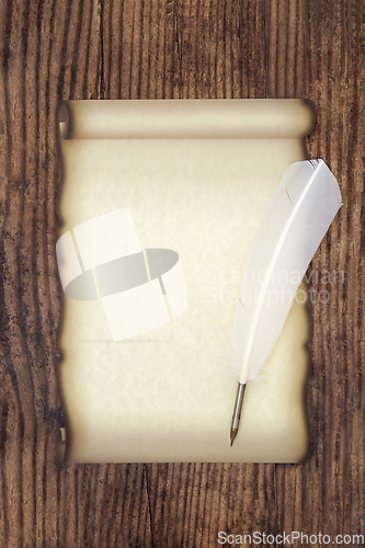 Image of Parchment Paper Scroll with White Feather Quill Pen