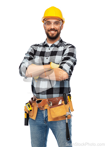 Image of happy male worker or builder with crossed arms