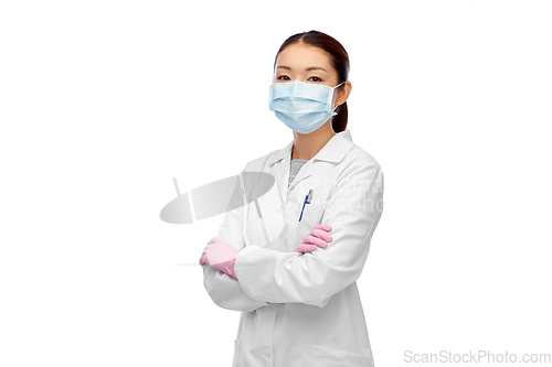 Image of asian female doctor or scientist in medical mask