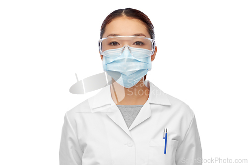 Image of asian female doctor or scientist in medical mask