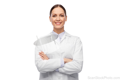 Image of happy smiling female doctor in white coat