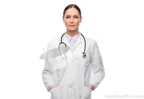 Image of female doctor in white coat with stethoscope