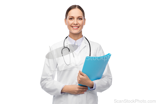 Image of happy smiling female doctor with folder