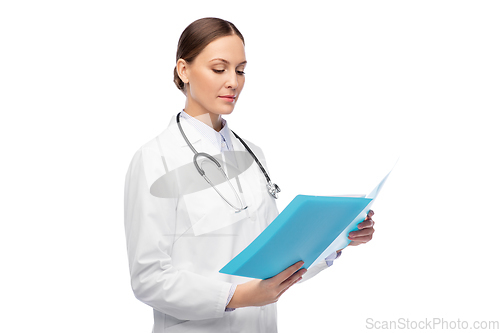 Image of female doctor with folder and stethoscope