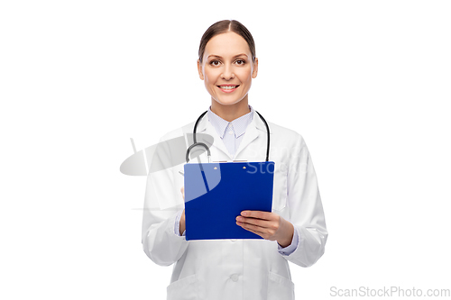 Image of happy smiling female doctor with clipboard