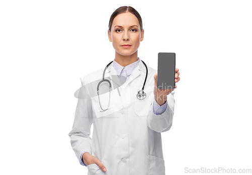 Image of female doctor or nurse with smartphone