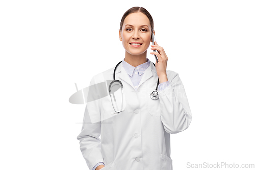 Image of female doctor calling on smartphone