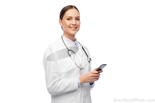 Image of happy smiling female doctor with smartphone