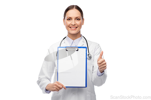 Image of female doctor with clipboard showing thumbs up