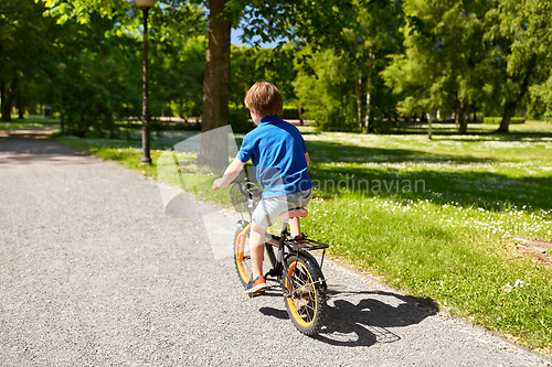 Image of little boy riding bicycle at summer park