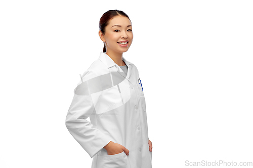 Image of happy smiling asian female doctor in white coat