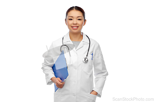 Image of happy smiling asian female doctor with clipboard