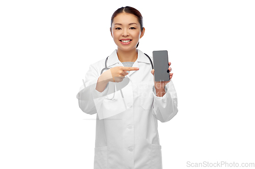 Image of happy asian female doctor or nurse with smartphone