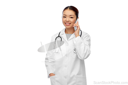 Image of asian female doctor or nurse calling on smartphone