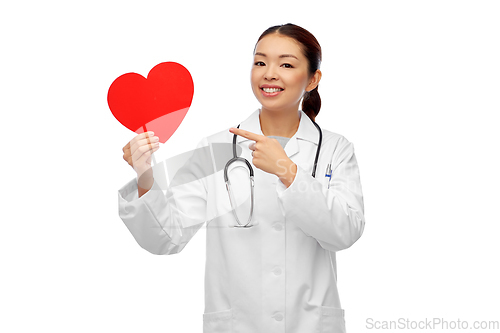 Image of happy smiling asian female doctor with red heart