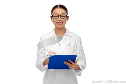 Image of happy smiling asian female doctor with clipboard