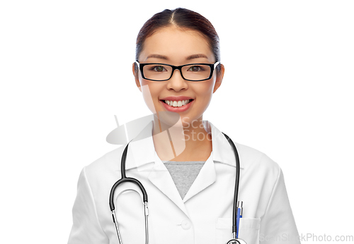 Image of portrait of happy asian female doctor in glasses