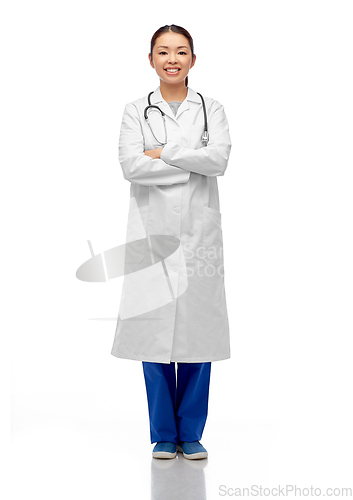 Image of happy smiling asian female doctor in white coat