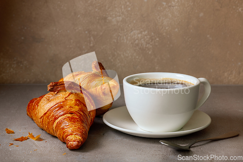 Image of cup of coffee and croissants