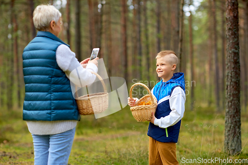 Image of grandmother photographing grandson with mushrooms